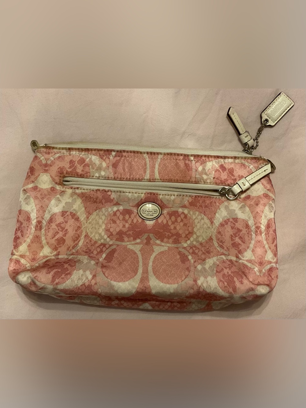 Coach Cosmetic Pouch Wristlet in Pink & White